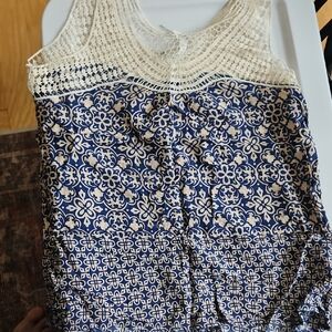 Floral Lace Women Tank Top - Blue and Cream